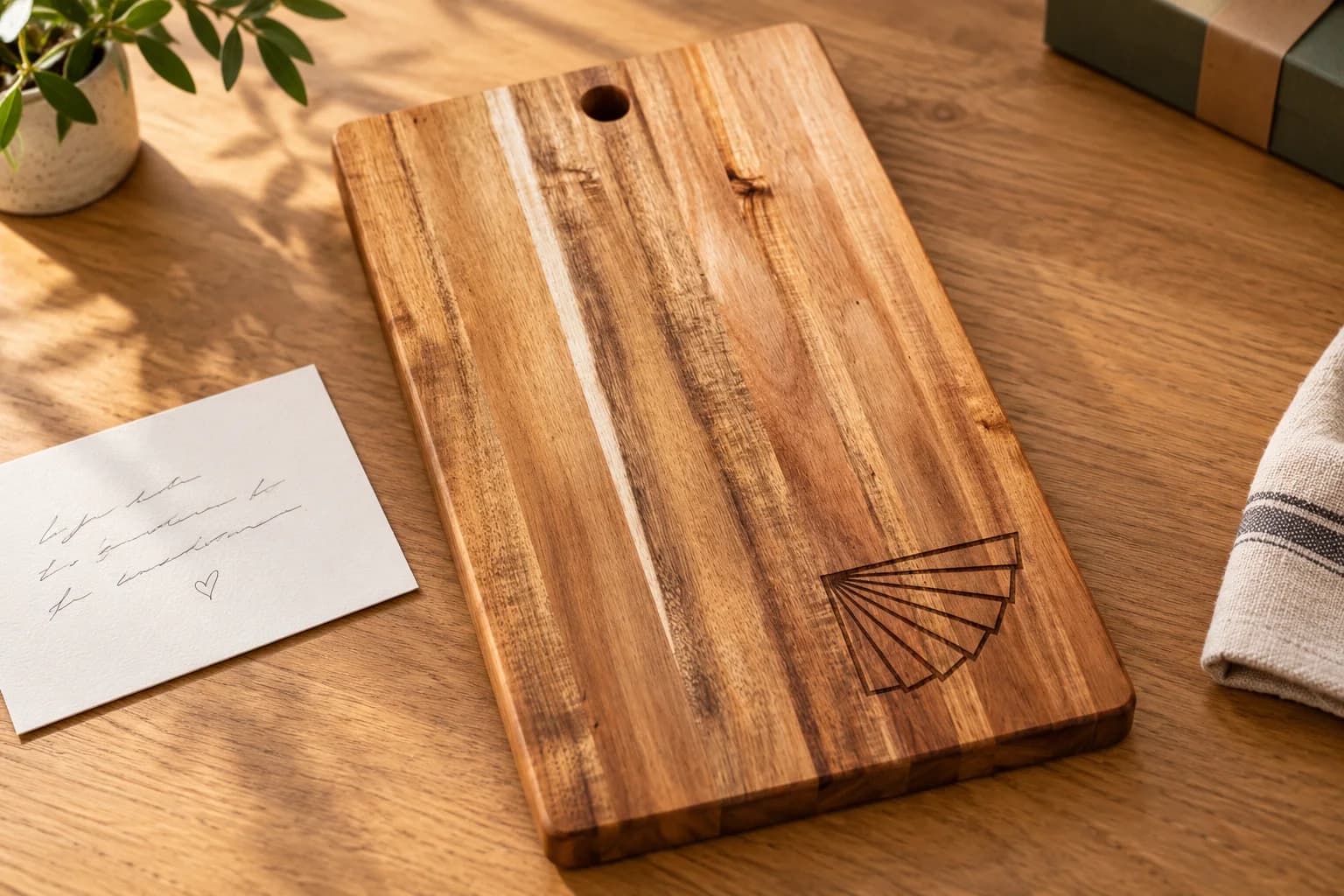 Acacia board with a discreet engraved geometric emblem and a thank-you card on a desk