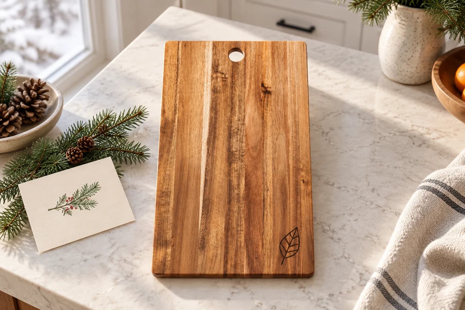 Rectangular acacia cutting board with a round hanging hole and a small leaf engraving beside a holiday card