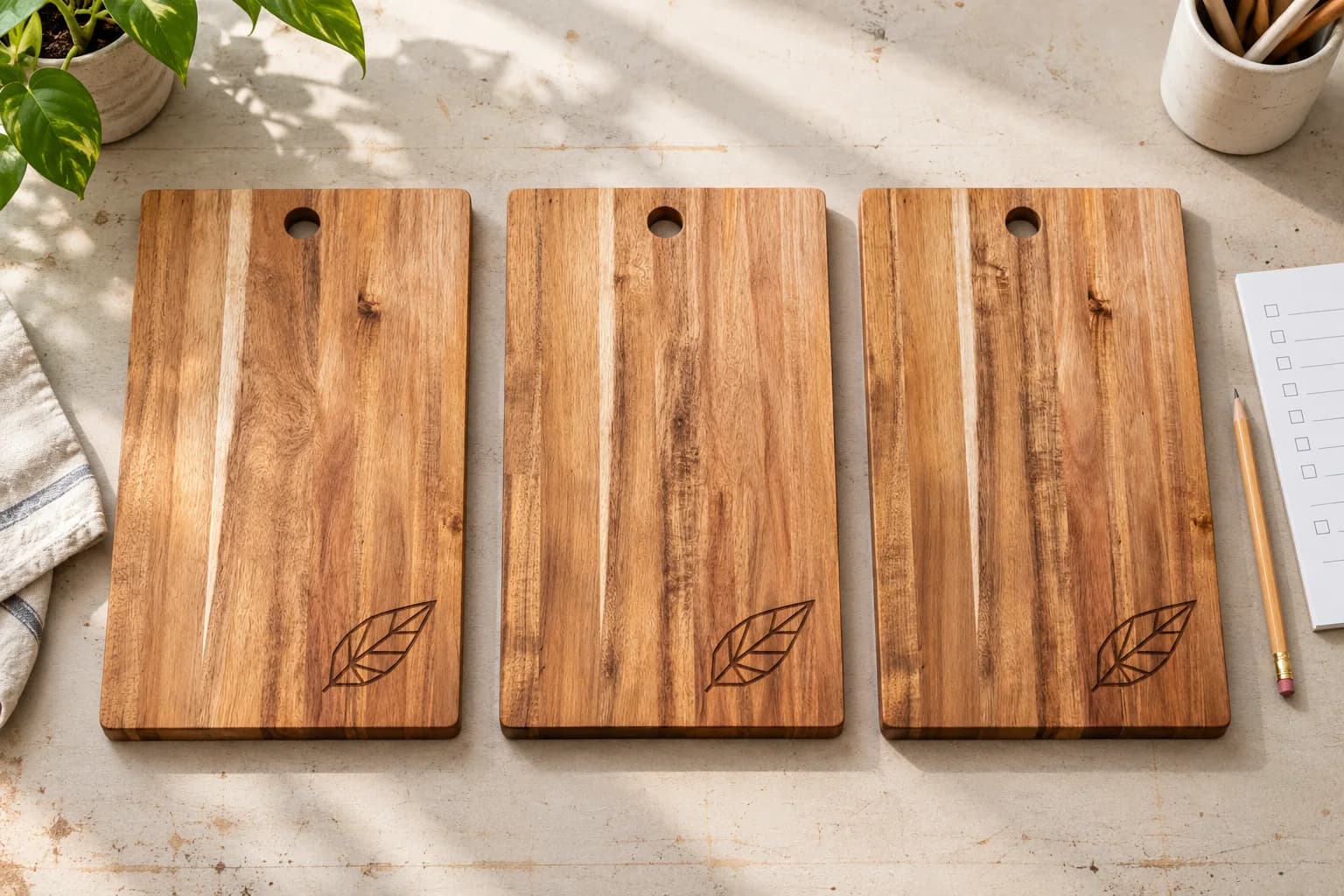 Three rectangular acacia boards with matching hanging holes and small leaf engravings laid out beside a pencil and checklist