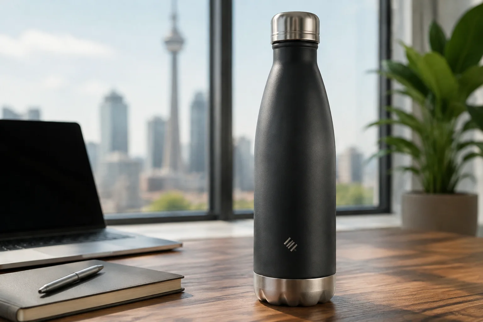 A premium engraved insulated bottle on a modern office desk