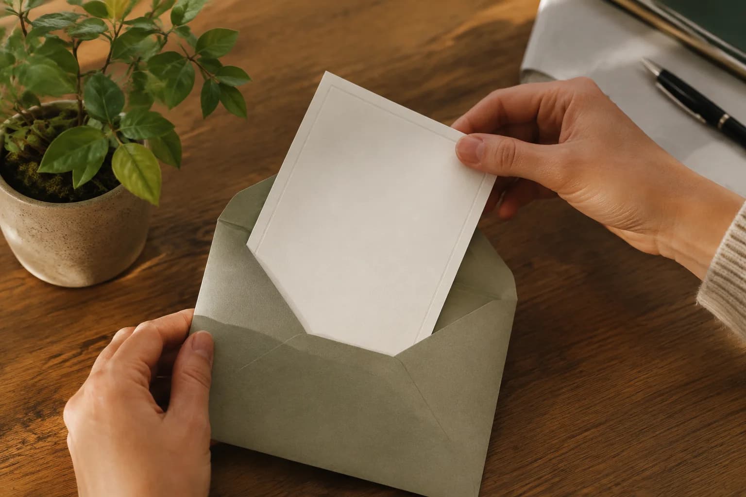 A charitable donation note being placed into an envelope
