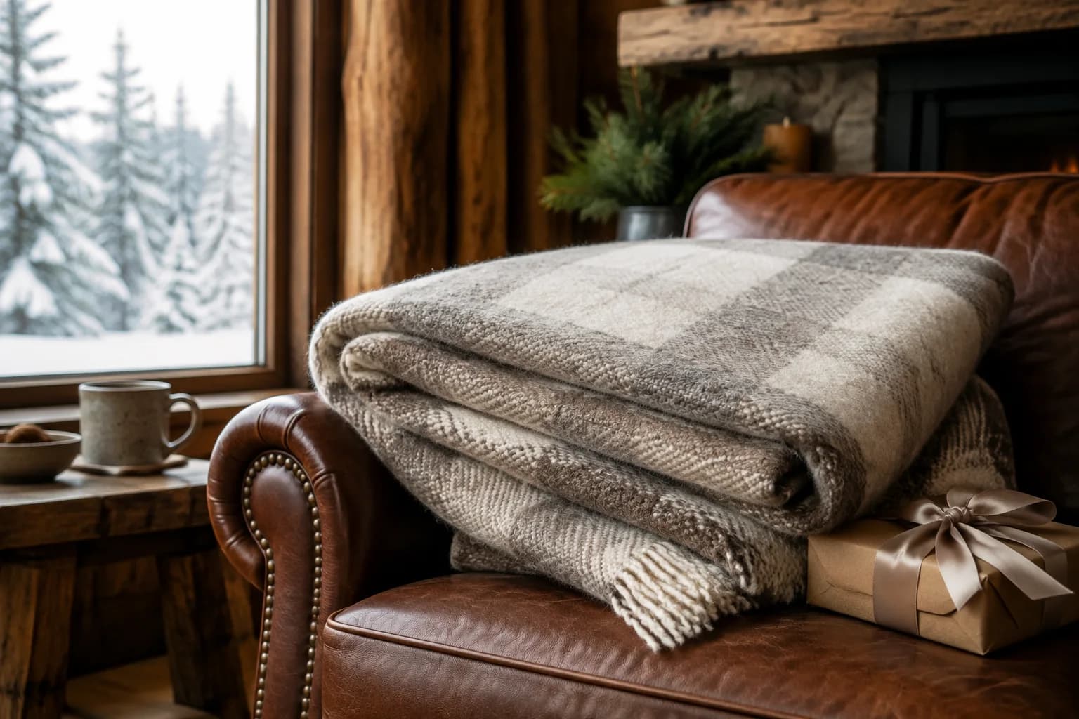 A folded wool blanket presented as a winter gift in a Canadian cabin