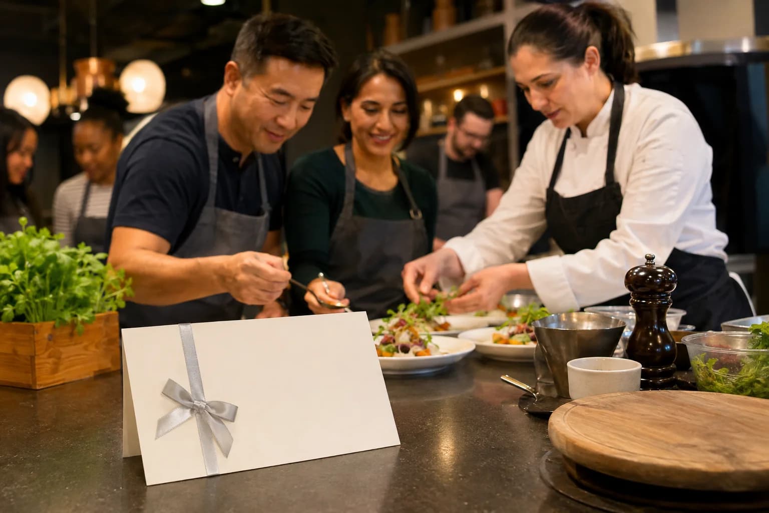 A local cooking class represented by a gift envelope and class in progress