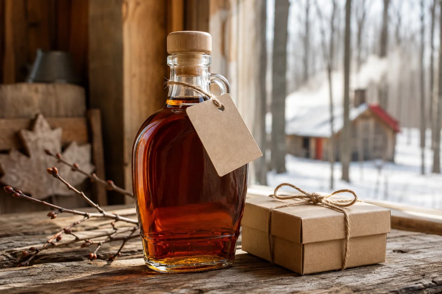 A bottle of amber maple syrup from a small Canadian sugar shack