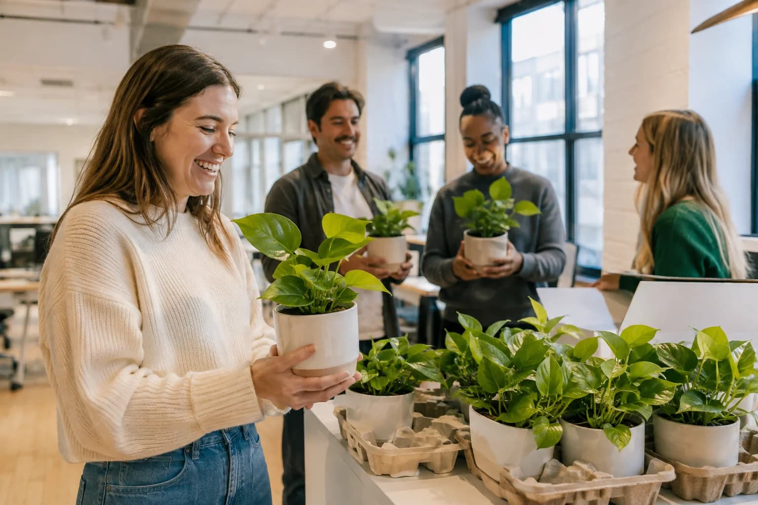 Coworkers receiving desk plants in ceramic pots at the office