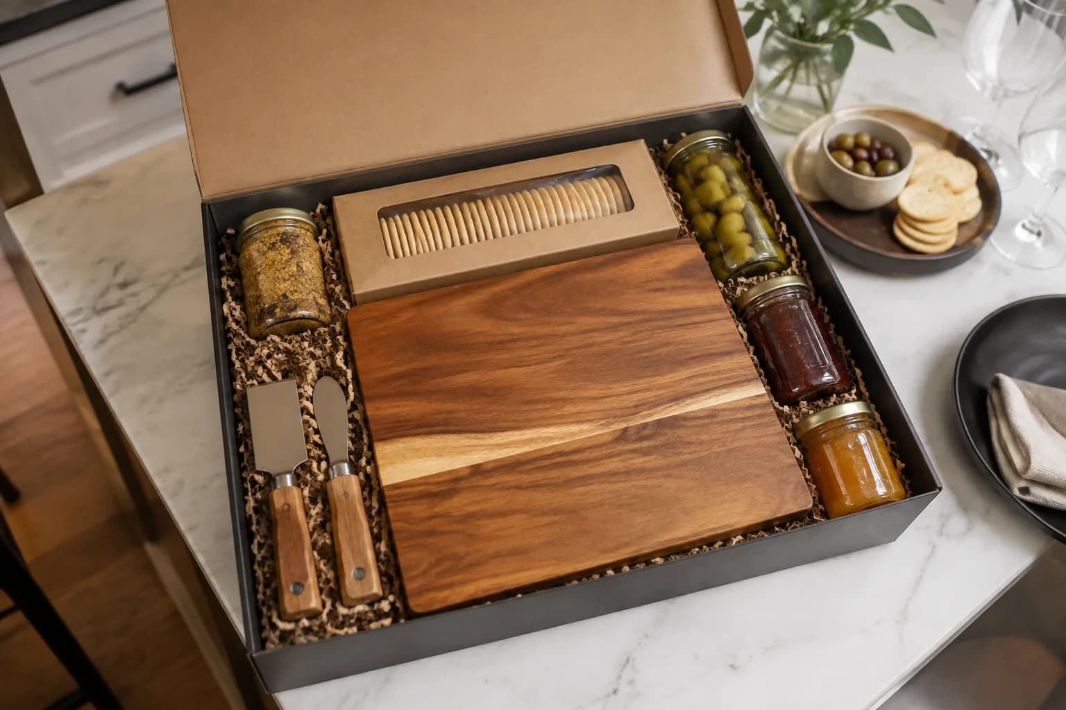An acacia cutting board and charcuterie tools arranged in a gift box