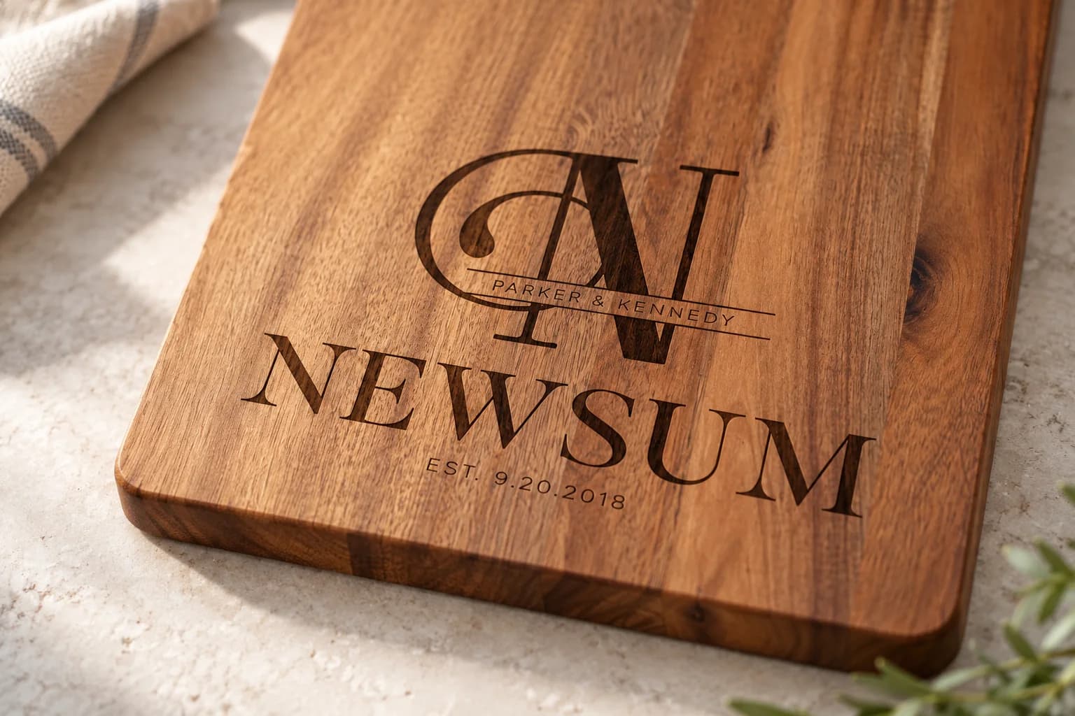 Close view of the dark laser-engraved monogram, names and established date on an acacia board