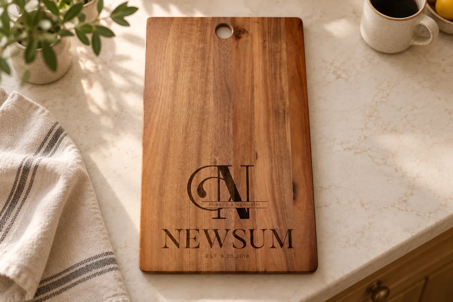 Northmark acacia board with its round hanging hole, split monogram, couple names, surname and established date