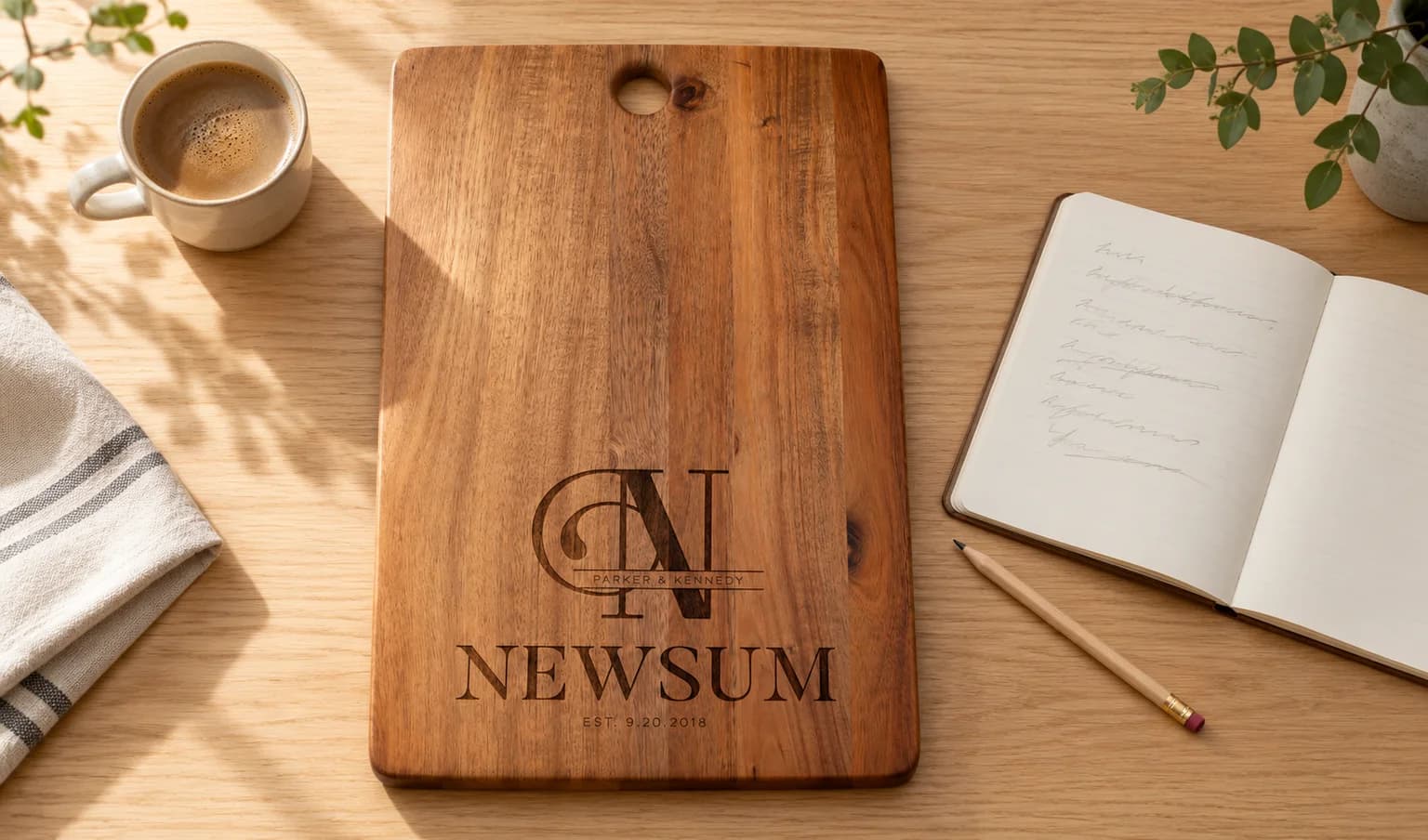 Personalized acacia board with its hanging hole visible next to a pencil and notebook for checking engraving details