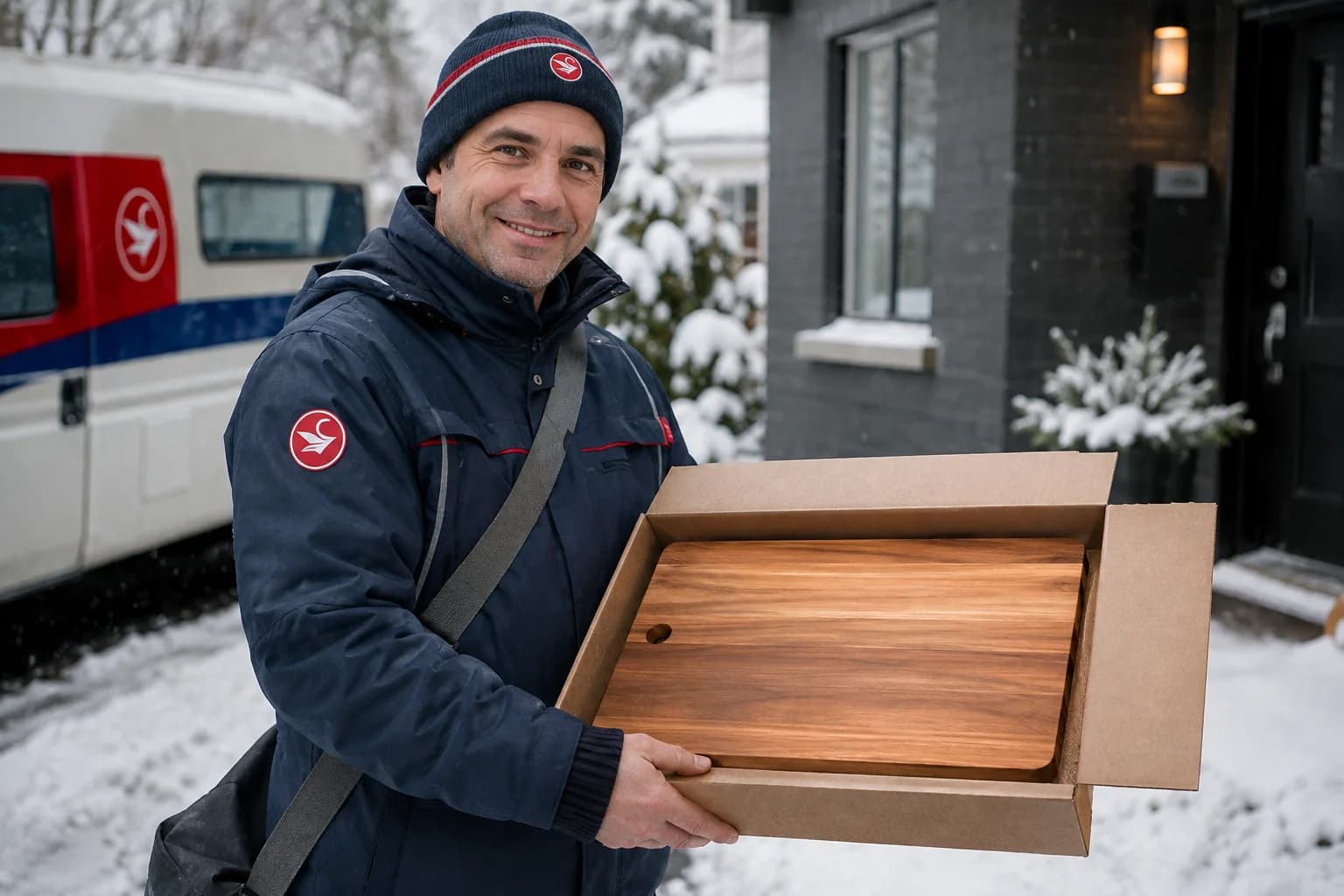 A Canada Post delivery worker carrying a boxed acacia cutting board through the snow
