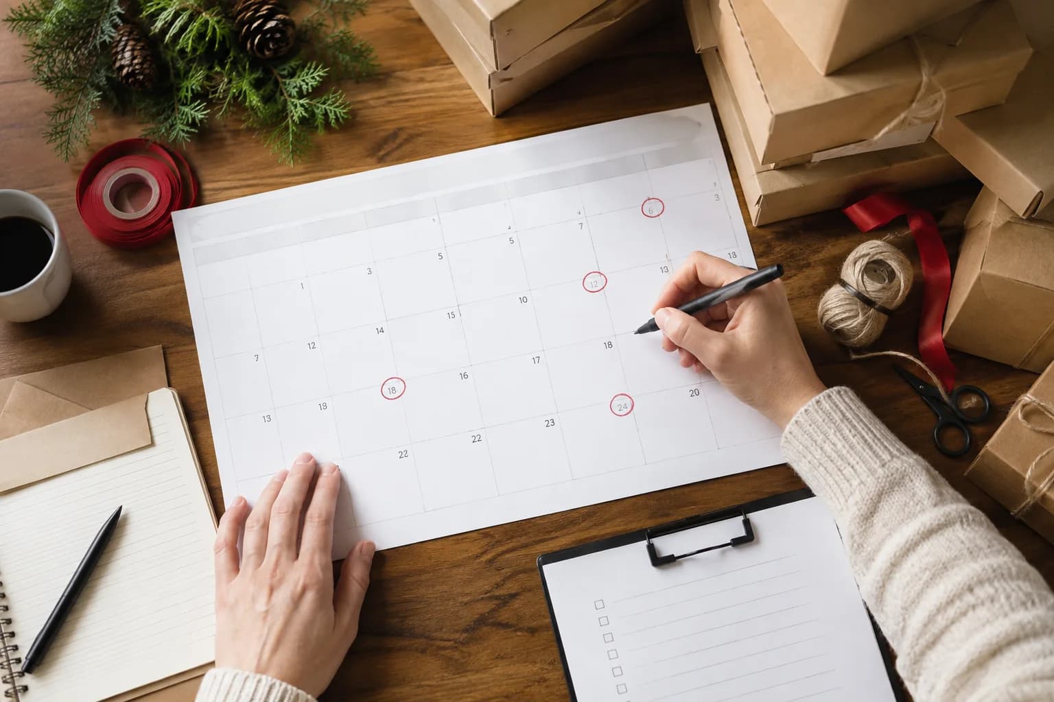 Holiday shipping dates being marked on a calendar beside packed gift boxes