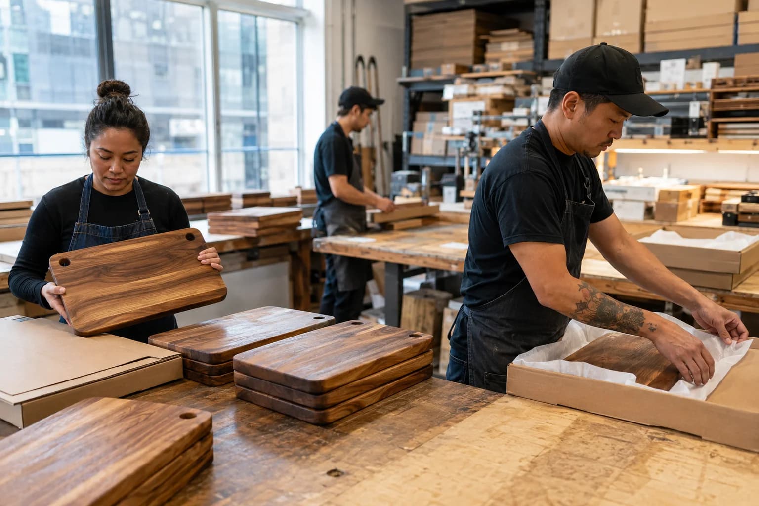A Vancouver workshop team checking and packing stacks of acacia cutting boards