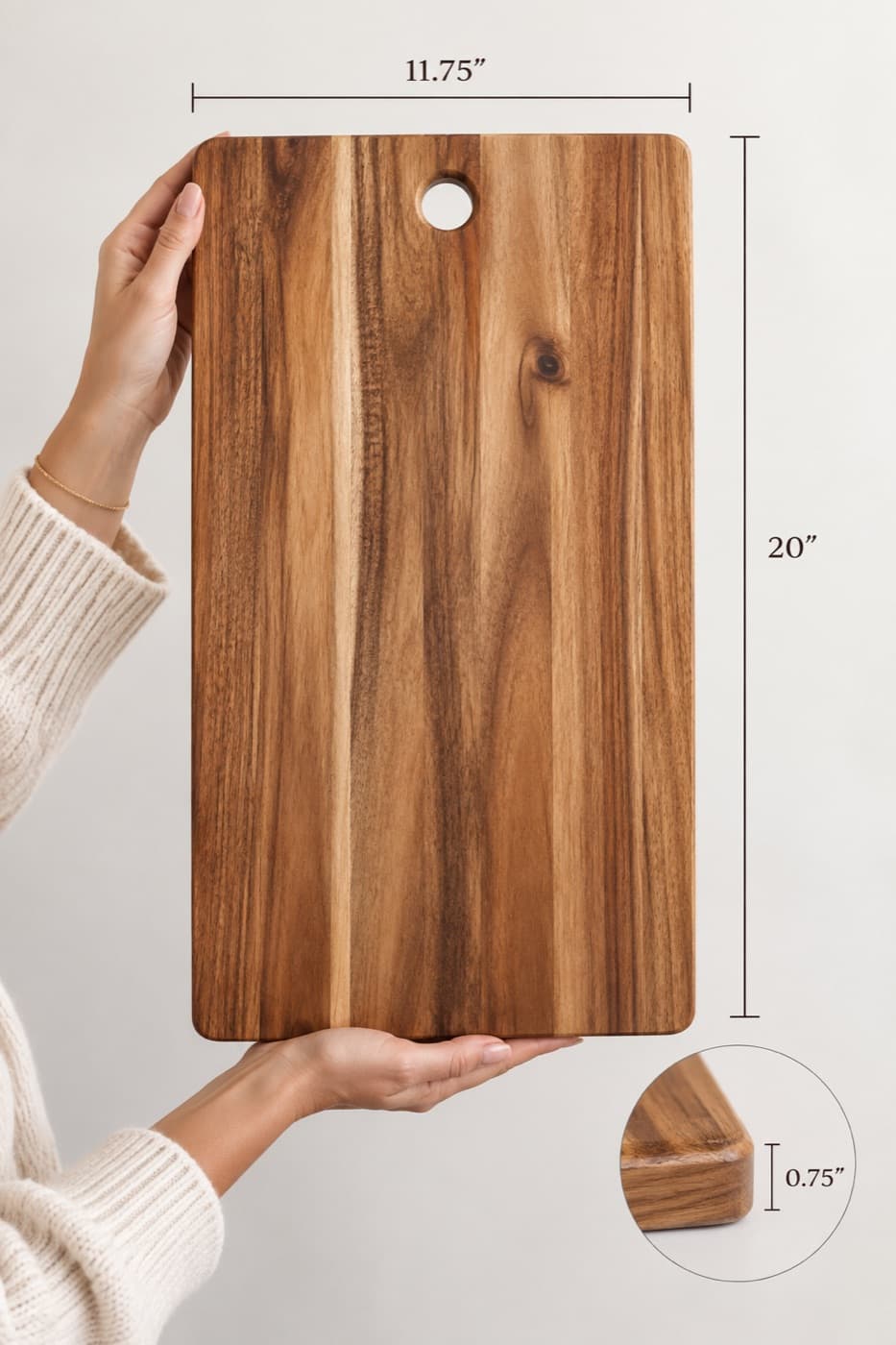 Acacia cutting board with its dimensions marked