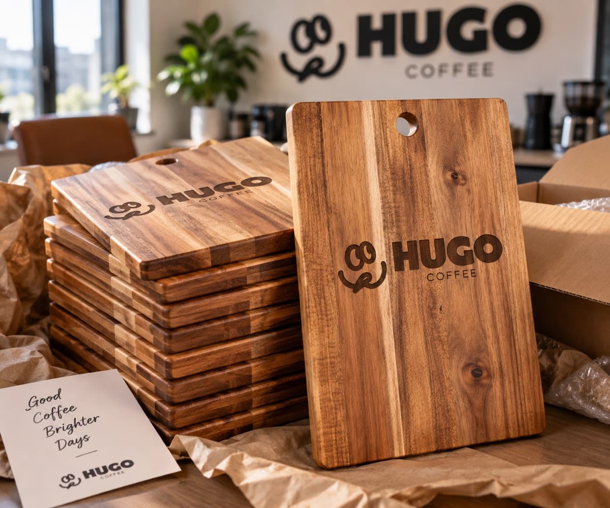Hugo Coffee logo engraved on an acacia board beside coffee gifts