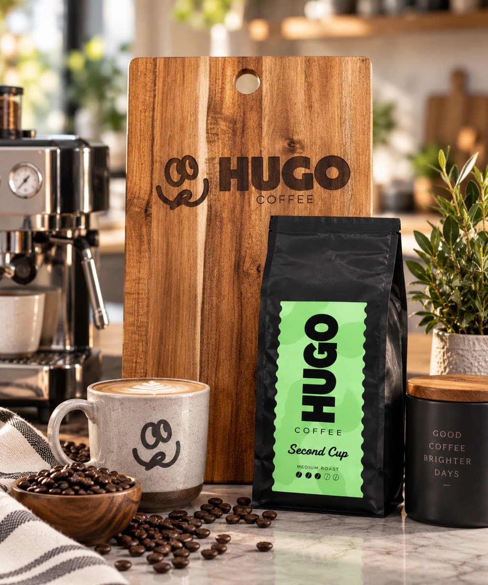Hugo Coffee engraved board displayed in a gift basket