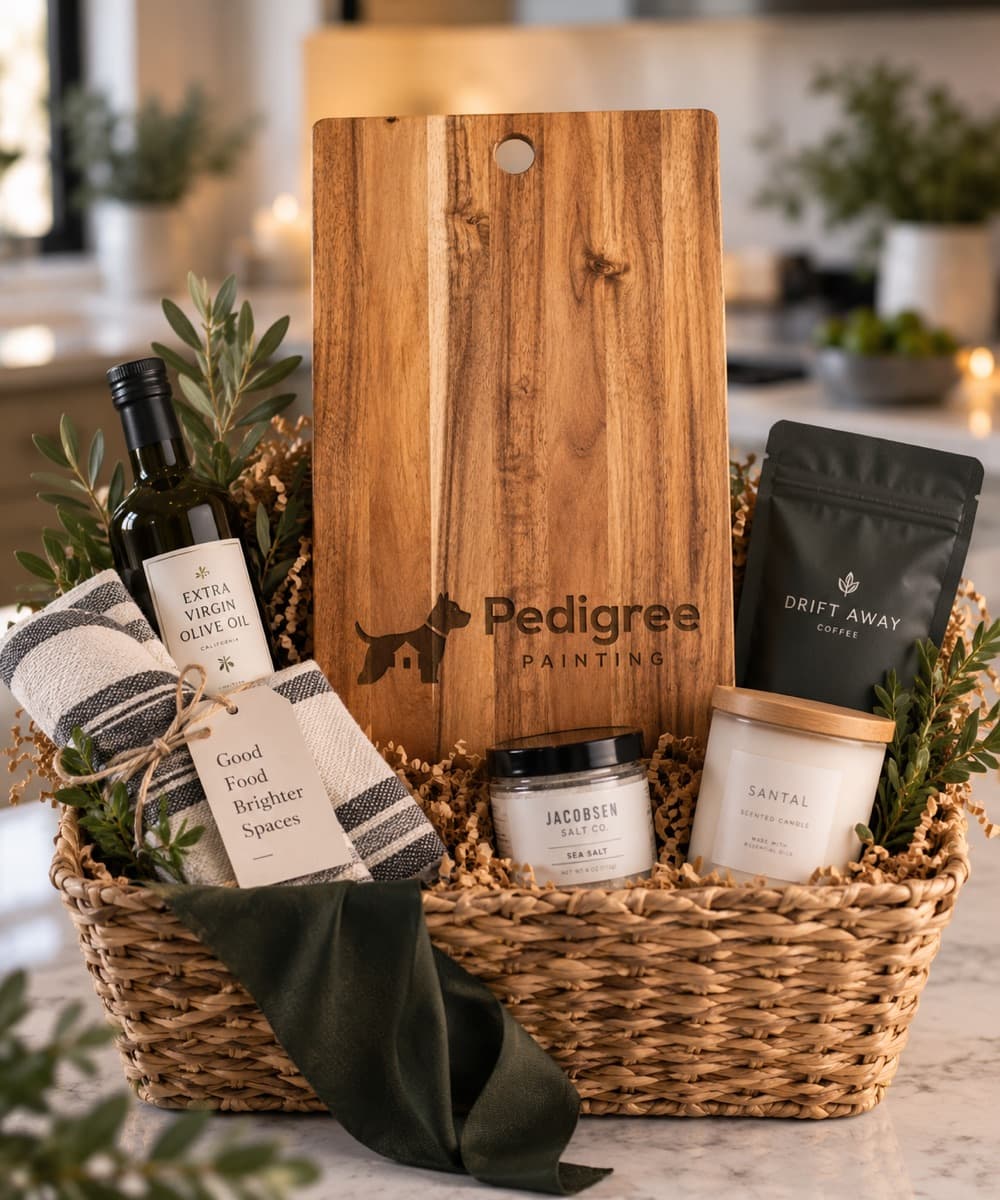 Pedigree logo board in a client gift basket