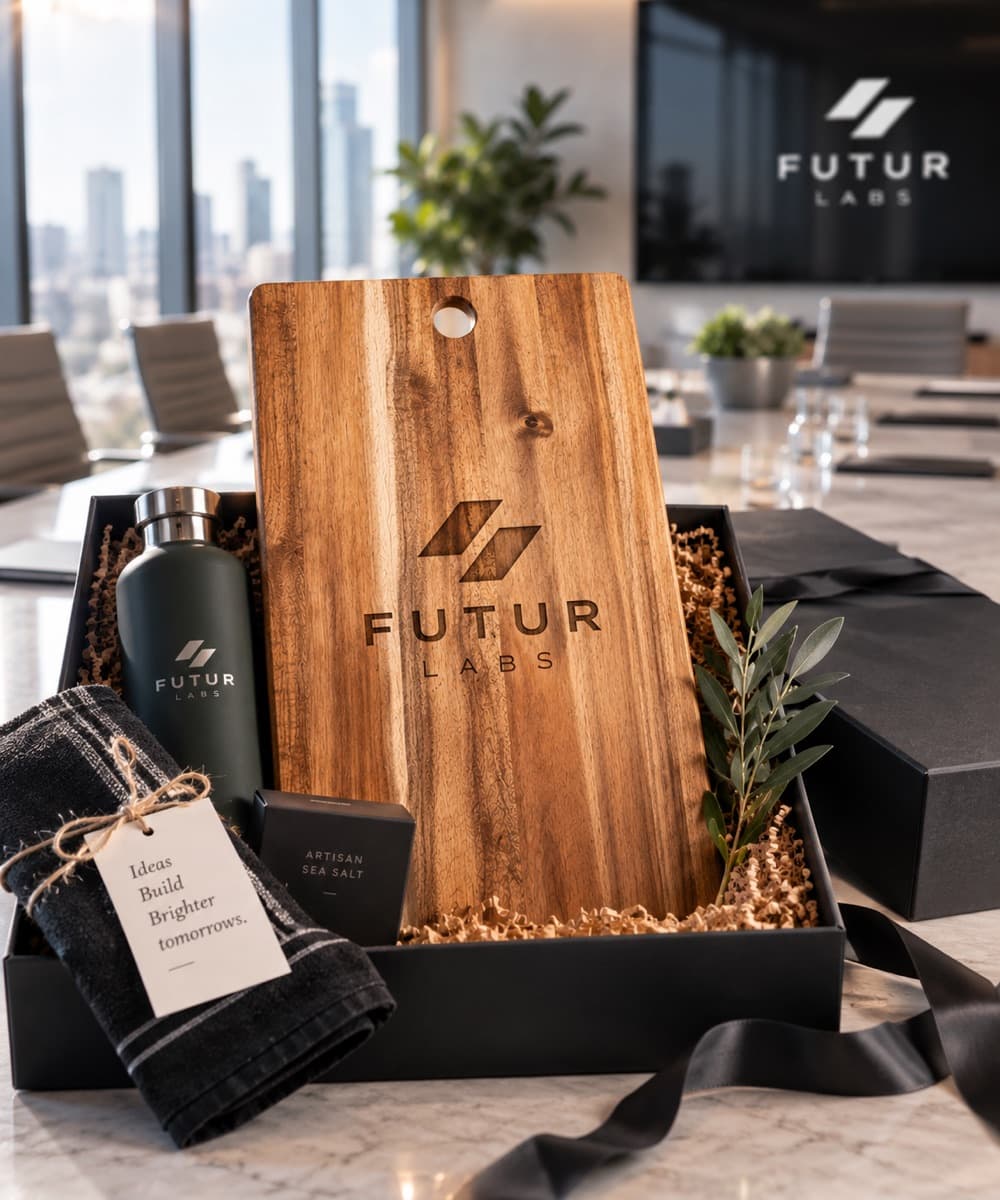 Futur company logo engraved on an acacia board