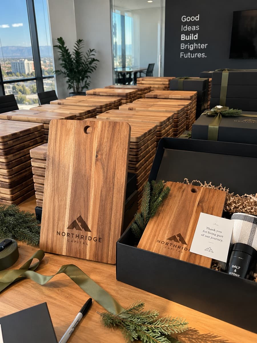 Northmark logo-engraved acacia cutting boards prepared for a corporate order