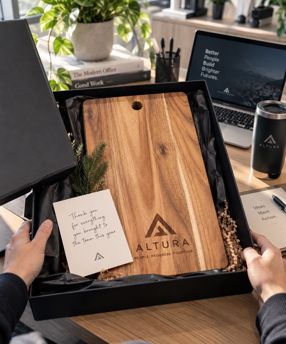 Altrua logo cutting board in a corporate gift box