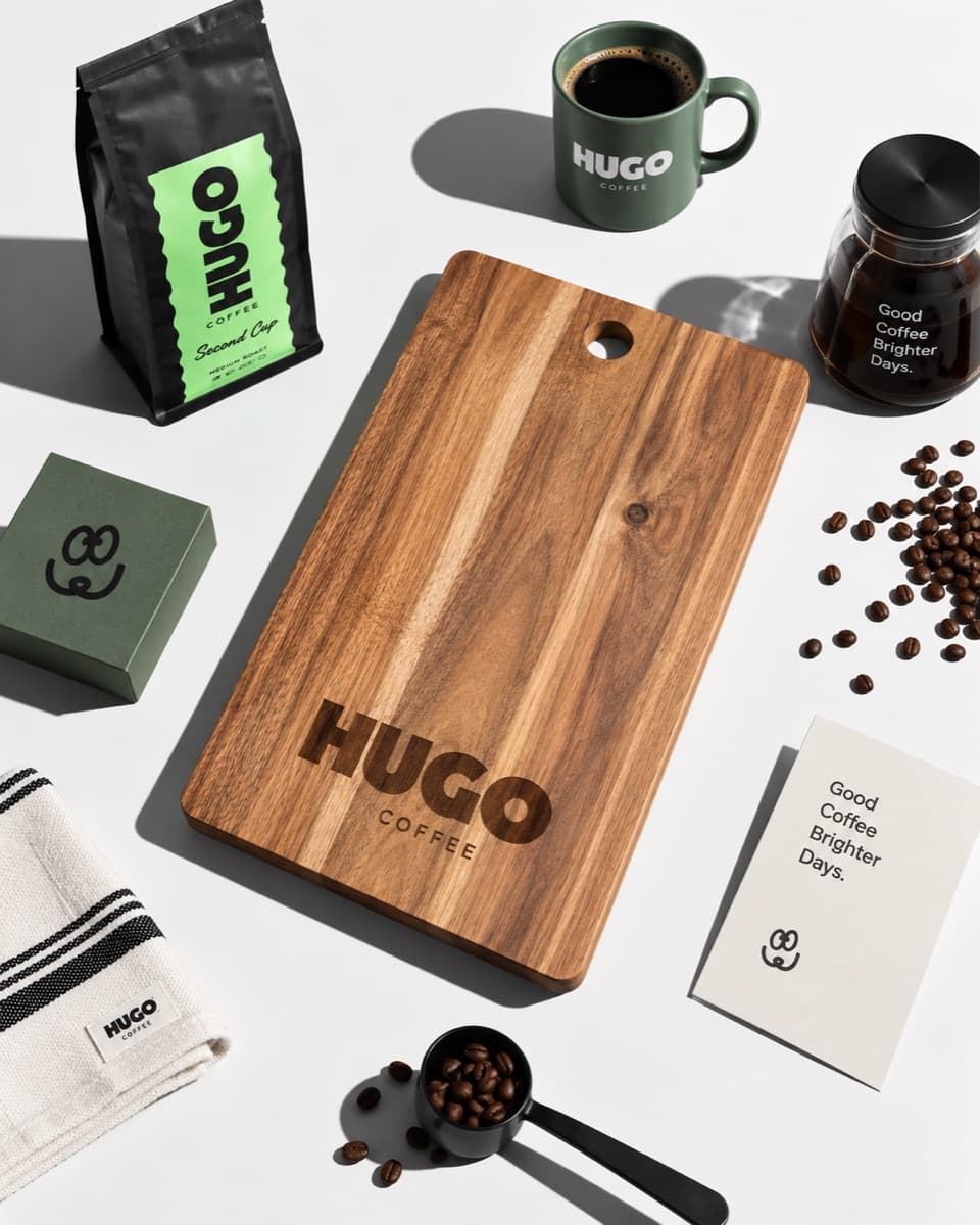 Hugo Coffee engraved board with coffee packaging