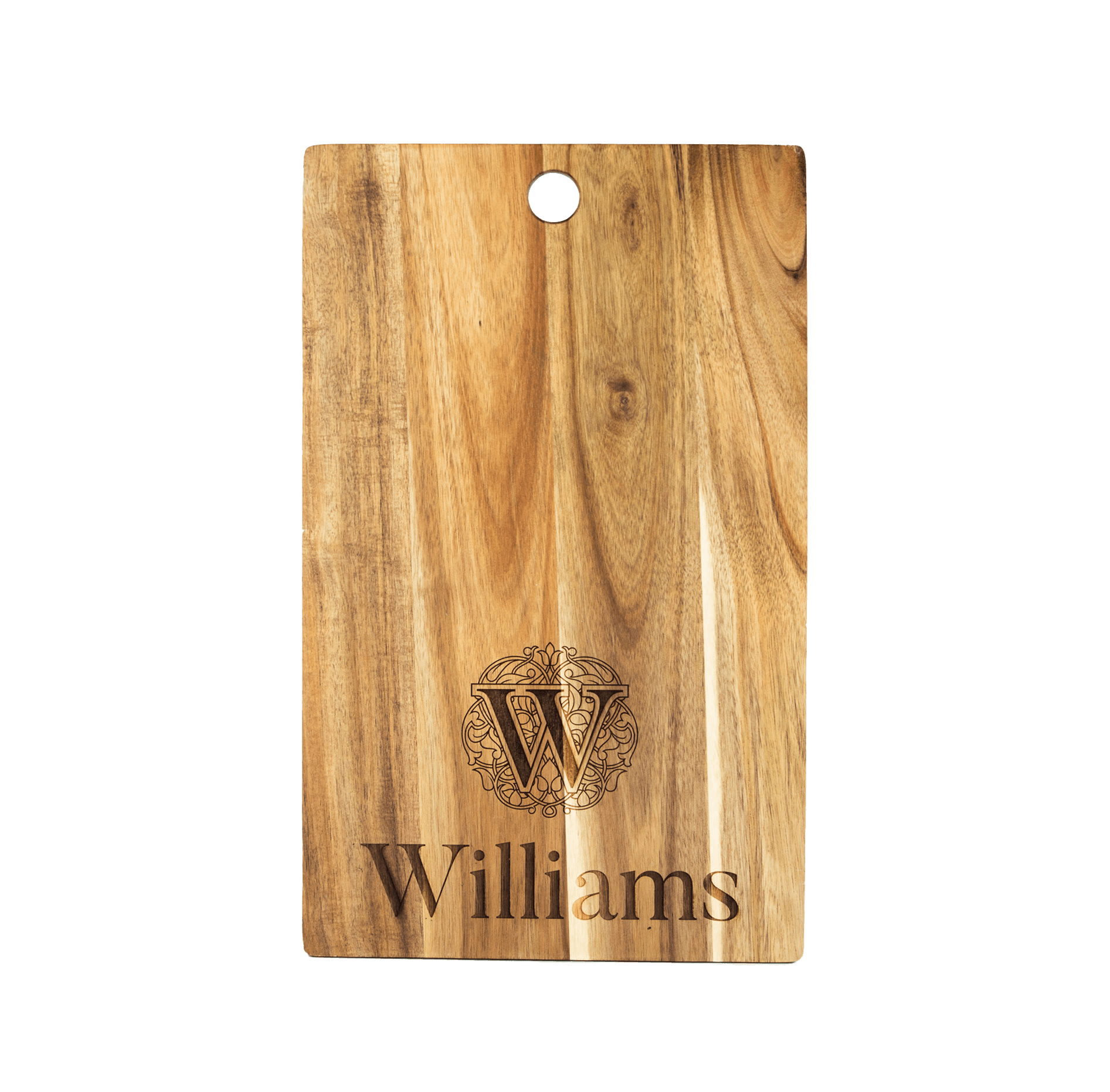 Template 1 acacia cutting board with ornate monogram and family name engraving and a hanging hole