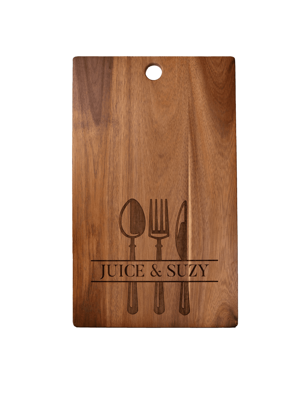 Template 2 acacia cutting board with cutlery banner and name engraving and a hanging hole