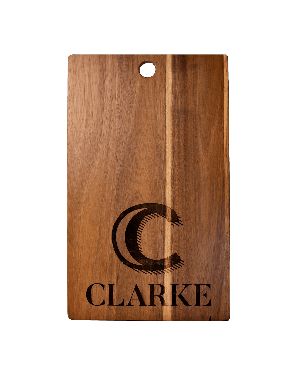 Template 3 acacia cutting board with bold initial and family name engraving and a hanging hole