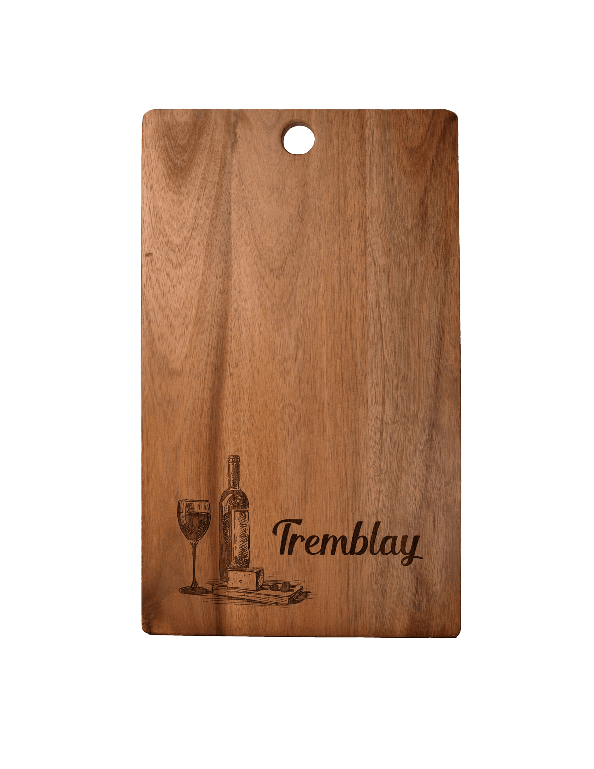 Template 4 acacia cutting board with wine illustration and script name engraving and a hanging hole