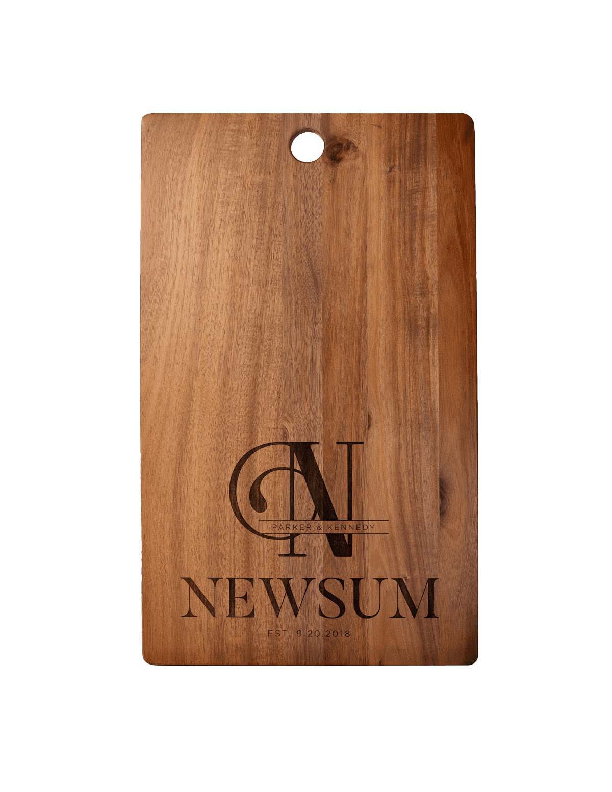 Template 5 acacia cutting board with split monogram, names and date engraving and a hanging hole