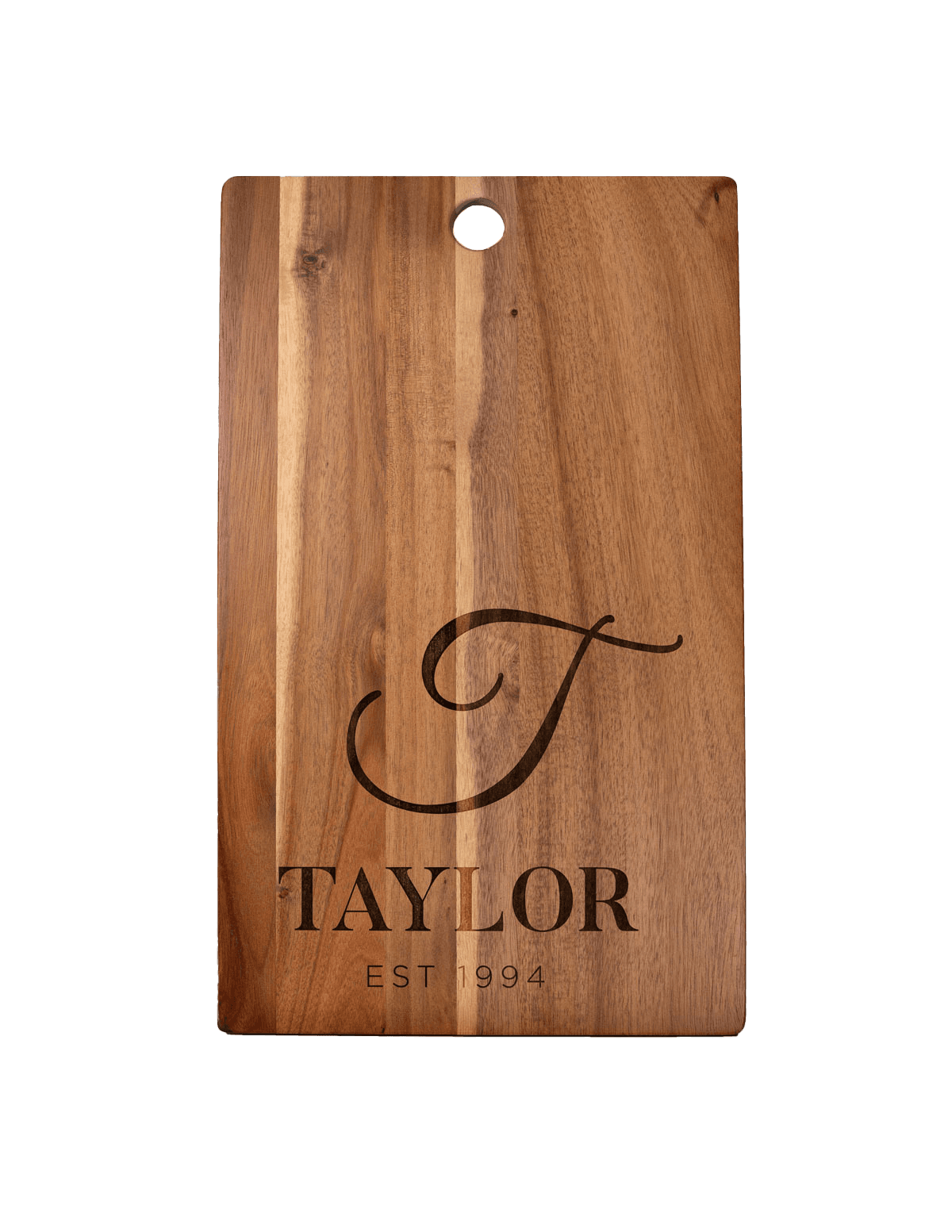 Template 6 acacia cutting board with script initial, surname and year engraving and a hanging hole