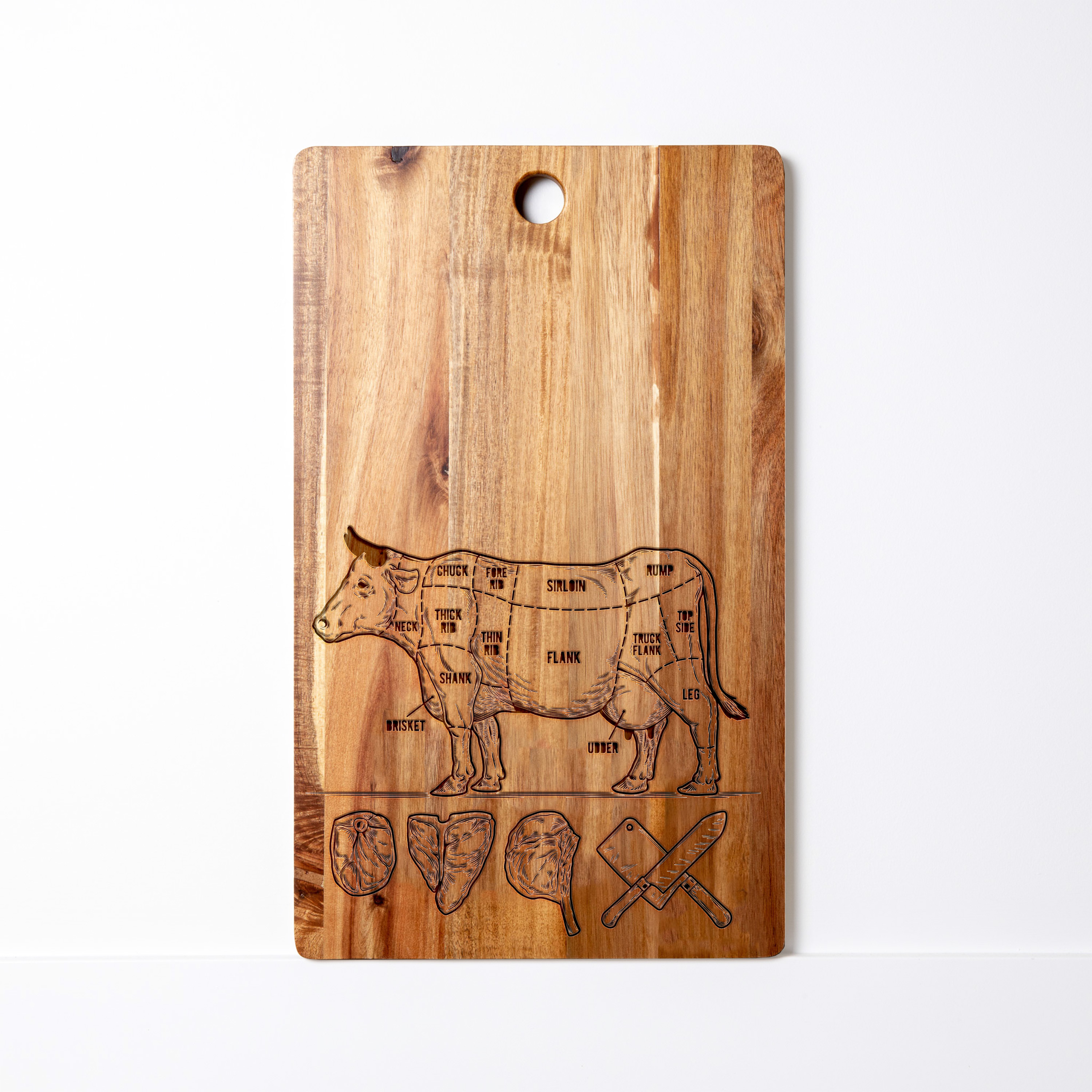 Acacia wood cutting board engraved with a detailed beef cut diagram and illustrations of steak cuts and butcher knives at the bottom